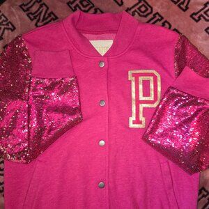 VS PINK RARE HTF VARSITY LETTERMAN MEGA FLIP BLING SEQUIN JACKET Medium NWOT